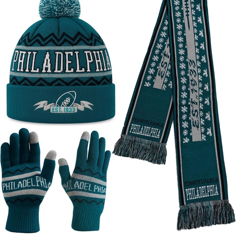 NWT Philadelphia Eagles Green, Gray, Black Winter Hat, Scarf, and Gloves Set
